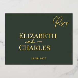 Carte Postale D'invitation À Feuilles D'aluminium Élégant Minimaliste Moderne Vert Or RSVP de Mariag