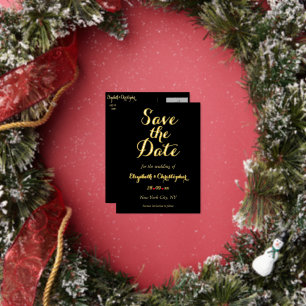 Carte Postale D'invitation À Feuilles D'aluminium Elégant Noir Faux Gold Wedding Enregistrer la date