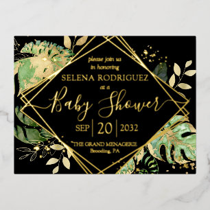 Carte Postale D'invitation À Feuilles D'aluminium Élégant noir Tropical Genre Baby shower neutre