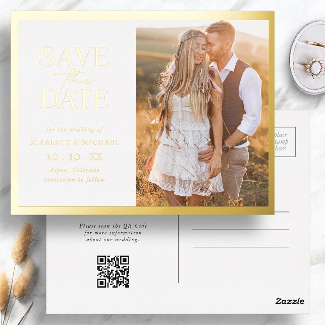 Carte Postale D'invitation À Feuilles D'aluminium Élégant Save The Date (Elegant Gold Border Photo Save The Date Foil Invitation Postcard QR Code by Painted Paperie
)