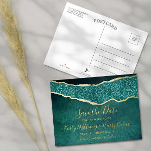 Carte Postale D'invitation À Feuilles D'aluminium Elégant Tourquoise Agate Mariage Enregistrer La Da