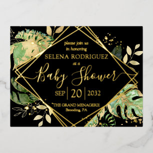 Carte Postale D'invitation À Feuilles D'aluminium Élégante Baby Shower Tropicale Unisexe Noir