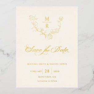 Carte Postale D'invitation À Feuilles D'aluminium Élégante calligraphie botanique en or Enregistrer 