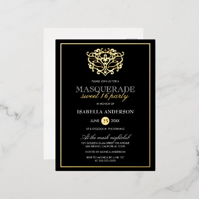 Carte Postale D'invitation À Feuilles D'aluminium Elégante Gold & Black Masquerade Sweet 16 Party (Recto/Verso)