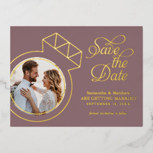 Carte Postale D'invitation À Feuilles D'aluminium Élégante photo de mariage mauve pour sauver la dat
