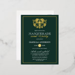 Carte Postale D'invitation À Feuilles D'aluminium Emerald Green & Gold Masquerade Sweet 16 Party<br><div class="desc">Emerald Green & Gold Masquerade Sweet 16 Party Foil Postcard Invitations. Doté d'un masque en feuille d'or au sommet contre un arrière - plan vert émeraude. Parfait pour une fête de 16 ans moderne et classe !</div>