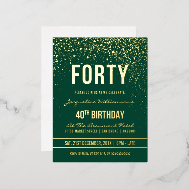 Carte Postale D'invitation À Feuilles D'aluminium Émeraude | Gold Confetti 40e fête d'anniversaire (Recto/Verso)