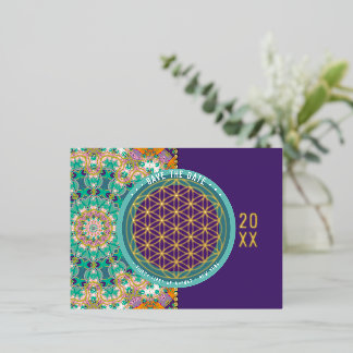 Carte Postale D'invitation À Feuilles D'aluminium Enregistrer la date Aqua Orange Flower of Life Geo