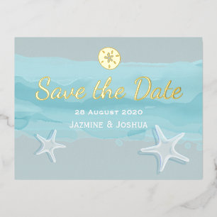Carte Postale D'invitation À Feuilles D'aluminium Étoile de mer, aquarelle aqua plage /save the date