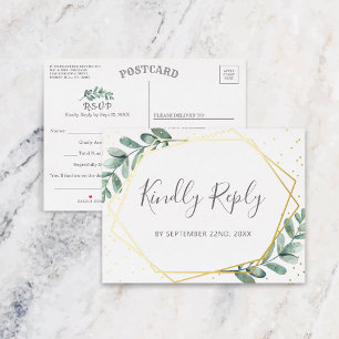 Carte Postale D'invitation À Feuilles D'aluminium Eucalyptus Géométrique Mariage RSVP Réel