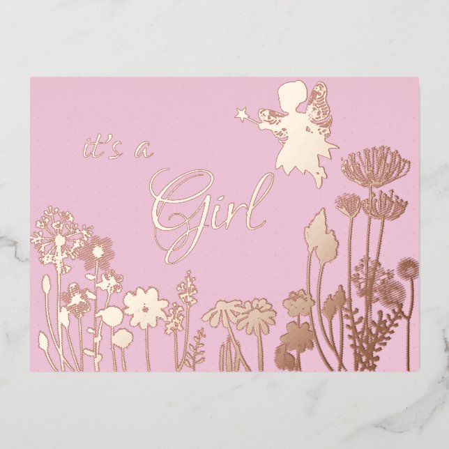 Carte Postale D'invitation À Feuilles D'aluminium Faire annonce de naissance fille avec la fée rose  (Recto)