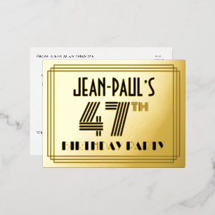 Carte Postale D'invitation À Feuilles D'aluminium Fête d'anniversaire 47 ans ~ Style Art déco “47” +