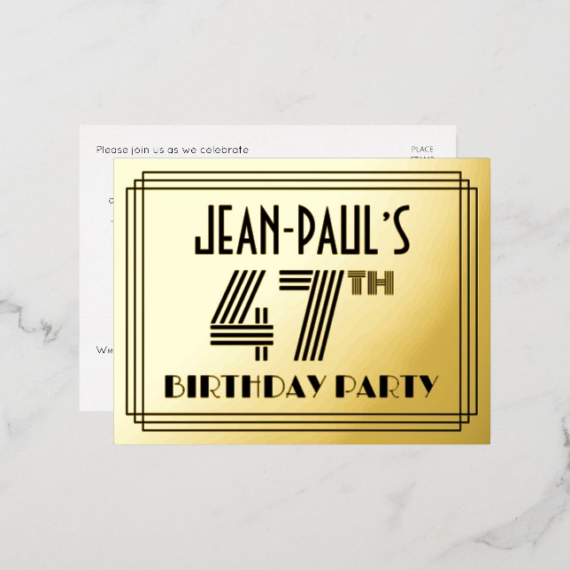 Carte Postale D'invitation À Feuilles D'aluminium Fête d'anniversaire 47 ans ~ Style Art déco “47” + (Recto/Verso)