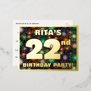Carte Postale D'invitation À Feuilles D'aluminium Fête d'anniversaire de 22 ans : Feu d'artifice aud