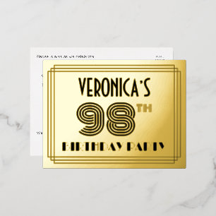Carte Postale D'invitation À Feuilles D'aluminium Fête d'anniversaire pour les 98 ans ~ Style Art dé