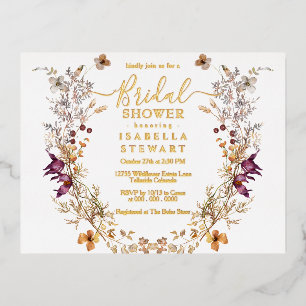 Carte Postale D'invitation À Feuilles D'aluminium Fête des mariées élégante Fleur sauvage Boho moder