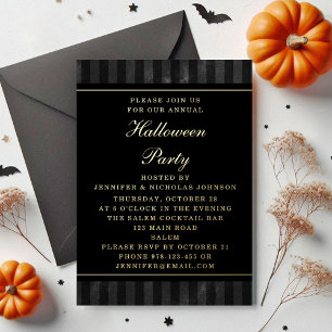 Carte Postale D'invitation À Feuilles D'aluminium Fête d'Halloween Rayures Noires Or