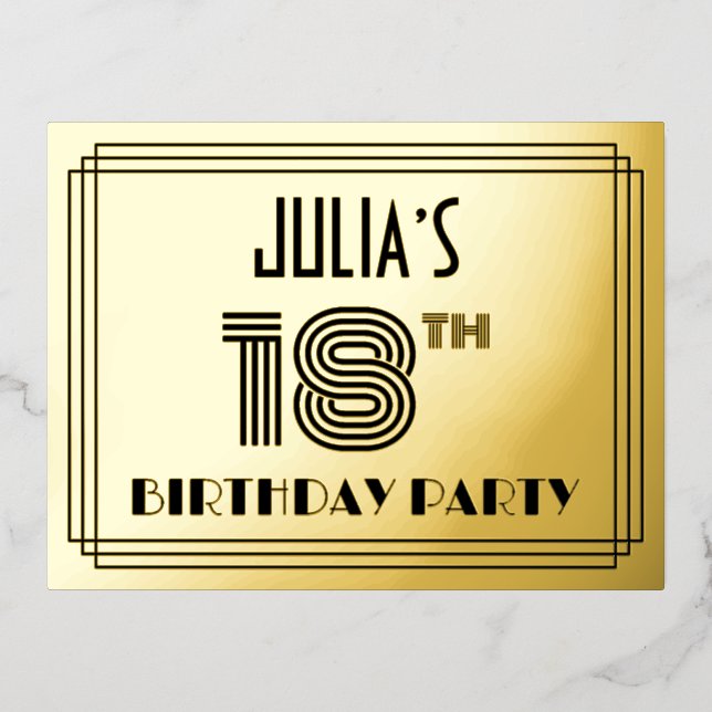 Carte Postale D'invitation À Feuilles D'aluminium Fête du 18ème anniversaire ~ Style Art Déco "18" + (Recto)