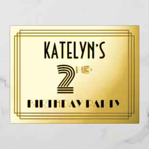 Carte Postale D'invitation À Feuilles D'aluminium Fête du 2ème anniversaire ~ Style Art Déco "2" + N