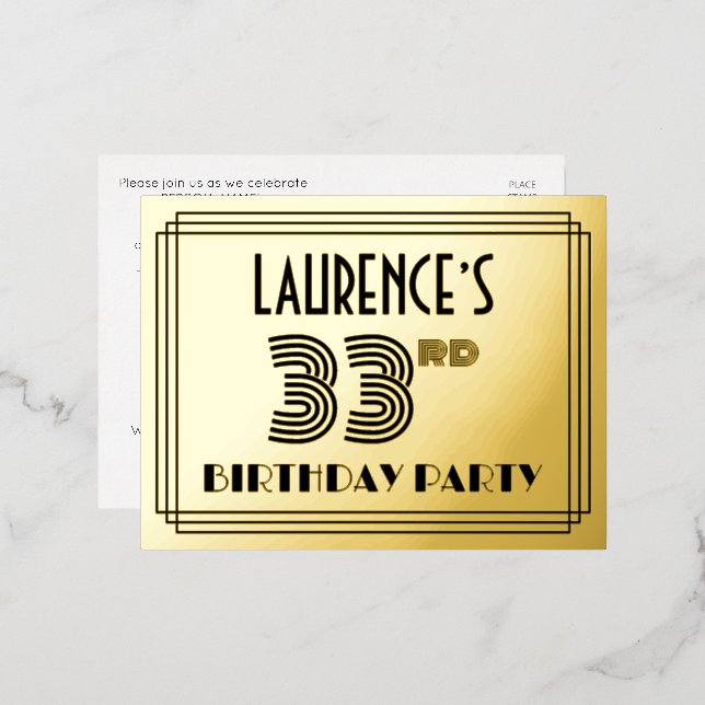 Carte Postale D'invitation À Feuilles D'aluminium Fête du 33ème anniversaire ~ Style Art Déco "33" + (Recto/Verso)