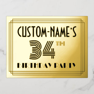 Carte Postale D'invitation À Feuilles D'aluminium Fête du 34ème anniversaire ~ Style Art Déco "34" +