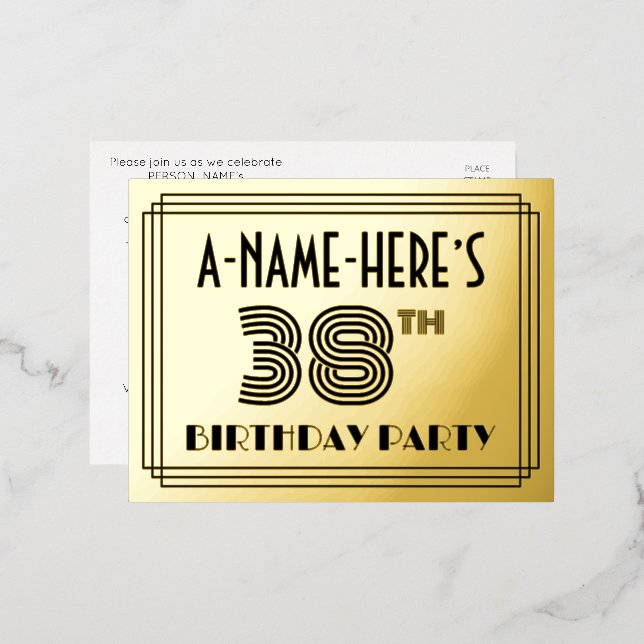 Carte Postale D'invitation À Feuilles D'aluminium Fête du 38ème anniversaire ~ Style Art Déco "38" + (Recto/Verso)