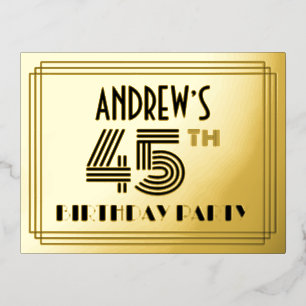 Carte Postale D'invitation À Feuilles D'aluminium Fête du 45ème anniversaire ~ Style Art Déco "45" +