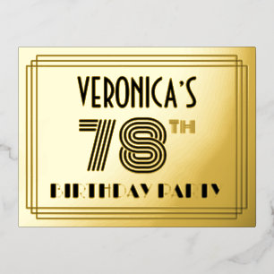 Carte Postale D'invitation À Feuilles D'aluminium Fête du 78ème anniversaire ~ Style Art Déco "78" +