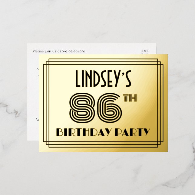Carte Postale D'invitation À Feuilles D'aluminium Fête du 86ème anniversaire ~ Style Art Déco "86" + (Recto/Verso)