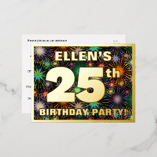 Carte Postale D'invitation À Feuilles D'aluminium Fête pour les 25 ans : Feu d'artifice audacieux et