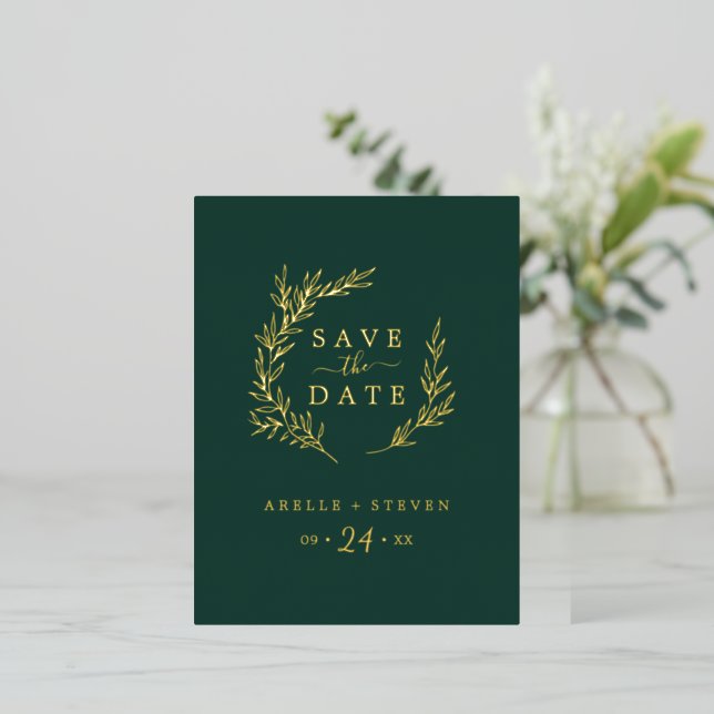 Carte Postale D'invitation À Feuilles D'aluminium Feuille minimale | Gold Foil Emerald Enregistrer l (Debout devant)