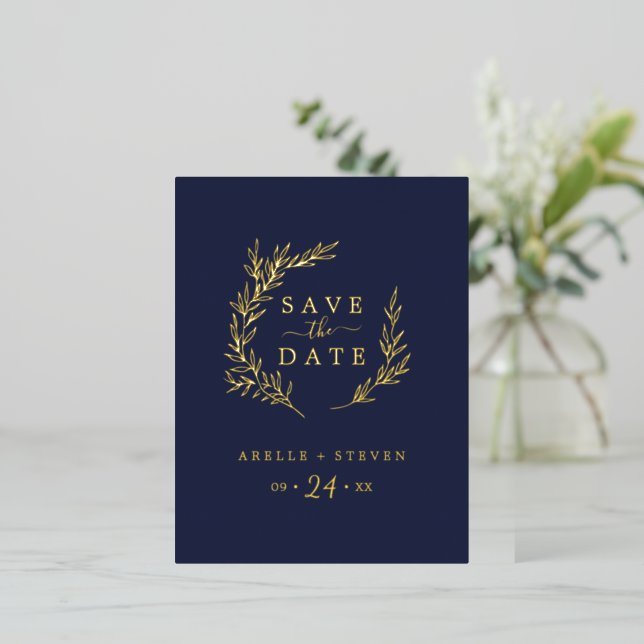 Carte Postale D'invitation À Feuilles D'aluminium Feuille minimale | Gold Foil Navy Blue Enregistrer (Debout devant)