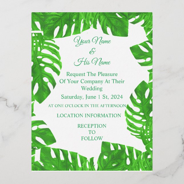 Carte Postale D'invitation À Feuilles D'aluminium Feuilles de Monstera Thunder_Cove (Recto)