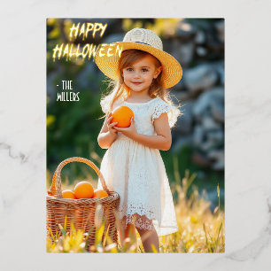 Carte Postale D'invitation À Feuilles D'aluminium Fille avec panier Citrouille Halloween