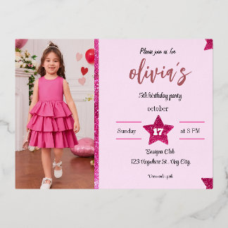 Carte Postale D'invitation À Feuilles D'aluminium fille pailletée rose anniversaire mignon