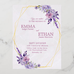 Carte Postale D'invitation À Feuilles D'aluminium Fleurs de nuances de pourpre poussiéreux Mariage g
