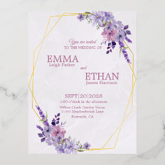 Carte Postale D'invitation À Feuilles D'aluminium Fleurs de nuances de pourpre poussiéreux Mariage g