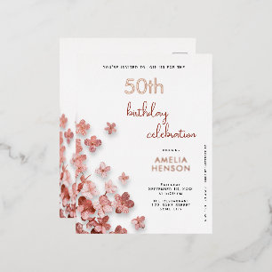 Carte Postale D'invitation À Feuilles D'aluminium Fleurs de paillettes roses Fleur 50e anniversaire