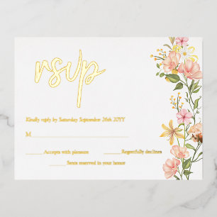 Carte Postale D'invitation À Feuilles D'aluminium Fleurs Florales de Jaune Printemps Rose RSVP Or Ré