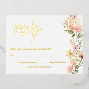 Carte Postale D'invitation À Feuilles D'aluminium Fleurs roses florales printanières Jaunes RSVP or
