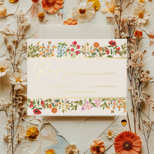 Carte Postale D'invitation À Feuilles D'aluminium Fleurs Sauvages Colorées Jardin Floral RSVP Or Rée