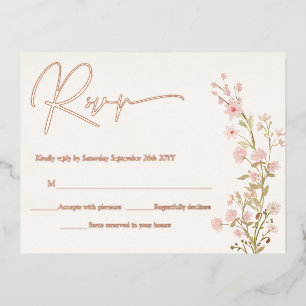 Carte Postale D'invitation À Feuilles D'aluminium Fleurs sauvages florales roses Jardin RSVP Or Rose