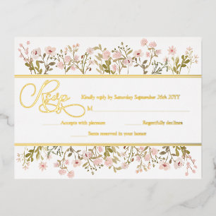Carte Postale D'invitation À Feuilles D'aluminium Fleurs sauvages florales roses, or véritable, RSVP