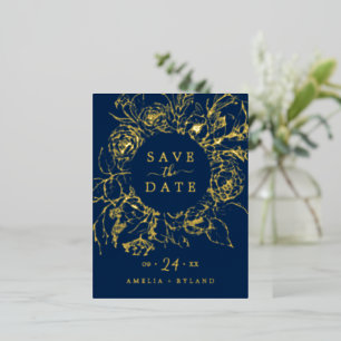 Carte Postale D'invitation À Feuilles D'aluminium Floral doré   Gold Foil Navy Blue Enregistrer la d