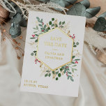 Carte Postale D'invitation À Feuilles D'aluminium Gilded Greenery on White | Christmas Save the Date<br><div class="desc">These stunning Christmas wedding save the date gold foil postcards feature holiday greenery and leaves with green leaves and red holly berries,  and a center gold foil frame on a modern white background. There is room on the back for a small personal photo,  and room for more wedding details.</div>