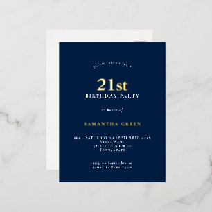Carte Postale D'invitation À Feuilles D'aluminium Glam bleu marine minimaliste 21e anniversaire