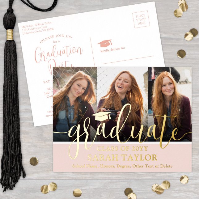 Carte Postale D'invitation À Feuilles D'aluminium Graduation Party Blush Pink 3 Photo Script moderne (Créateur téléchargé)