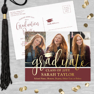 Carte Postale D'invitation À Feuilles D'aluminium Graduation Party Bourgogne 3 Photo Script moderne