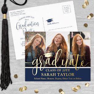 Carte Postale D'invitation À Feuilles D'aluminium Graduation Party Navy Blue 3 Photo Modern Script