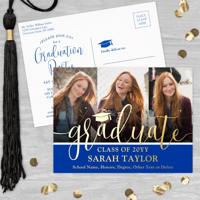 Carte Postale D'invitation À Feuilles D'aluminium Graduation Party Royal Blue 3 Photo Modern Script (Créateur téléchargé)
